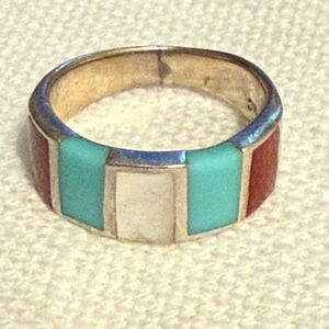 Signed MG .925 Inlay Turquoise MOP & Red Coral Navajo Ring